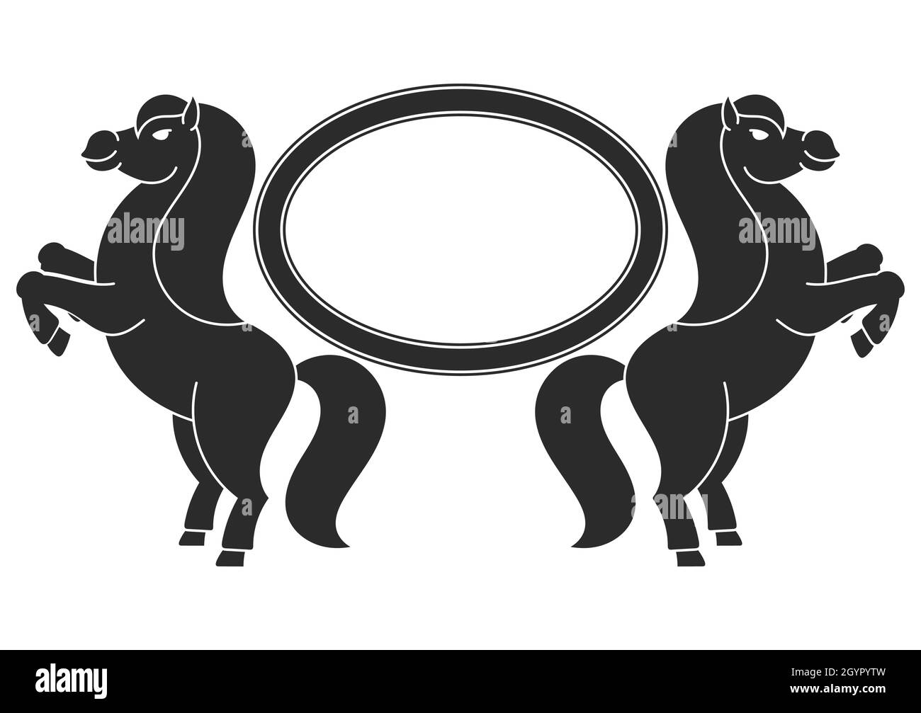 The two horses reared up. With space for your text. Element for the design of labels, sites. Black silhouette. Simple flat vector illustration. Stock Vector