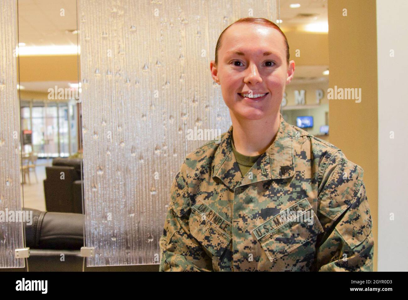 U.S. Marine Corps Cpl. Kristen Dalrymple, an air traffic control specialist with Headquarters and Headquarters Squadron, poses for a photo at the Single Marine Program New River Recreation Center on Marine Corps Air Station New River, North Carolina, Jan. 22, 2020. Dalrymple, a Topeka, Kansas native, enlisted into the Marine Corps in 2016. For her outstanding service and dedication to her Marines and the Single Marine Program, Dalrymple was recognized by the Jacksonville-Onslow Chamber of Commerce as the Service Member of the Month (SMOM) for December 2019. (U.S. Marine Corps photo by Cpl. Kar Stock Photo