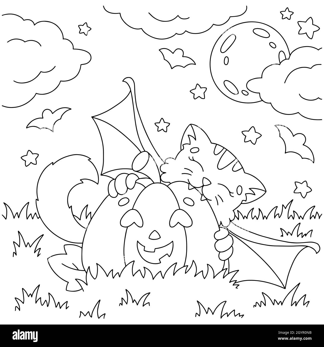 A cute bat bites a pumpkin. Coloring book page for kids. Halloween ...