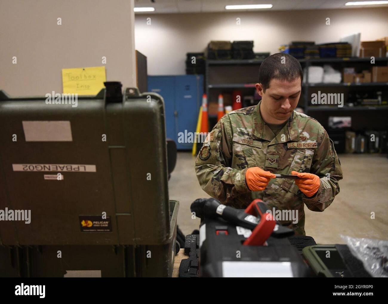 U.S. Air Force Staff Sgt. James Wood, 314th Aircraft Maintenance Squadron support technician, inspects tools for damage at Little Rock Air Force Base, Arkansas, Jan. 22, 2020. Airmen in the support section are responsible for maintaining essential materials, such as tools and protective equipment, needed for the squadron to carry out its duties. (U.S. Air Force photo by Airman 1st Class Jayden Ford) Stock Photo