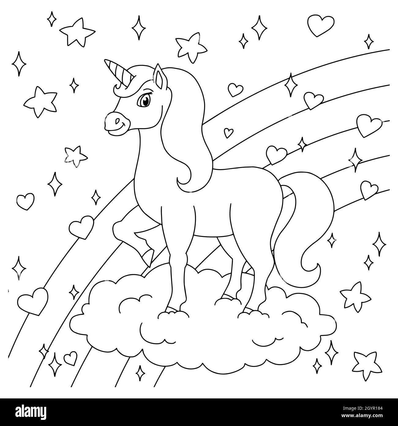 Magic fairy unicorn on cloud. Cute horse. Coloring book page for kids. Cartoon style. Vector illustration isolated on white background. Stock Vector