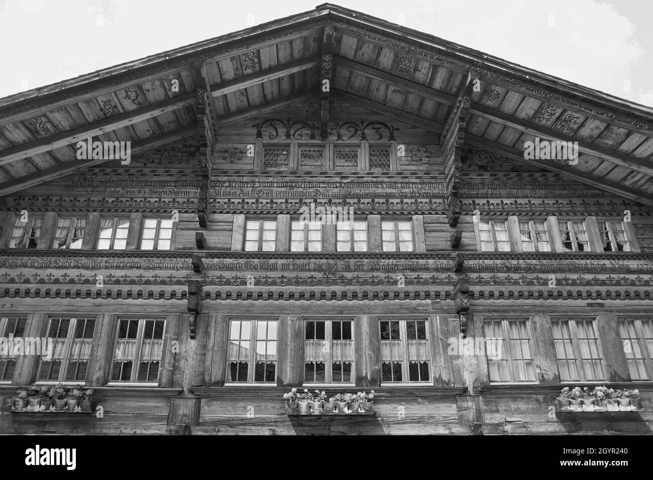 Black & white photo of a Swiss chalet Stock Photo