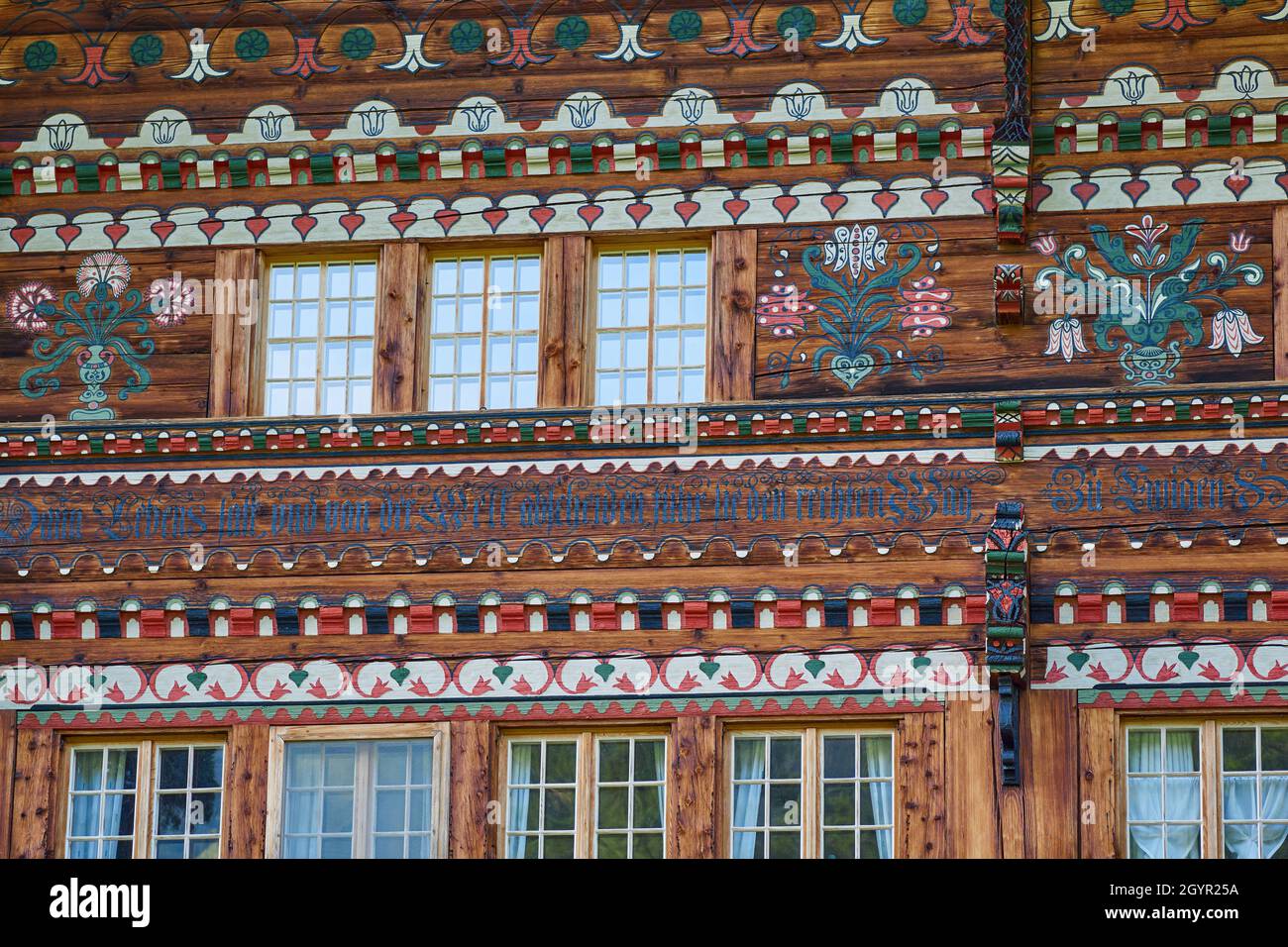 Closeup of a richly decorated Swiss chalet - Simmental, Berner Oberland, Switzerland Stock Photo