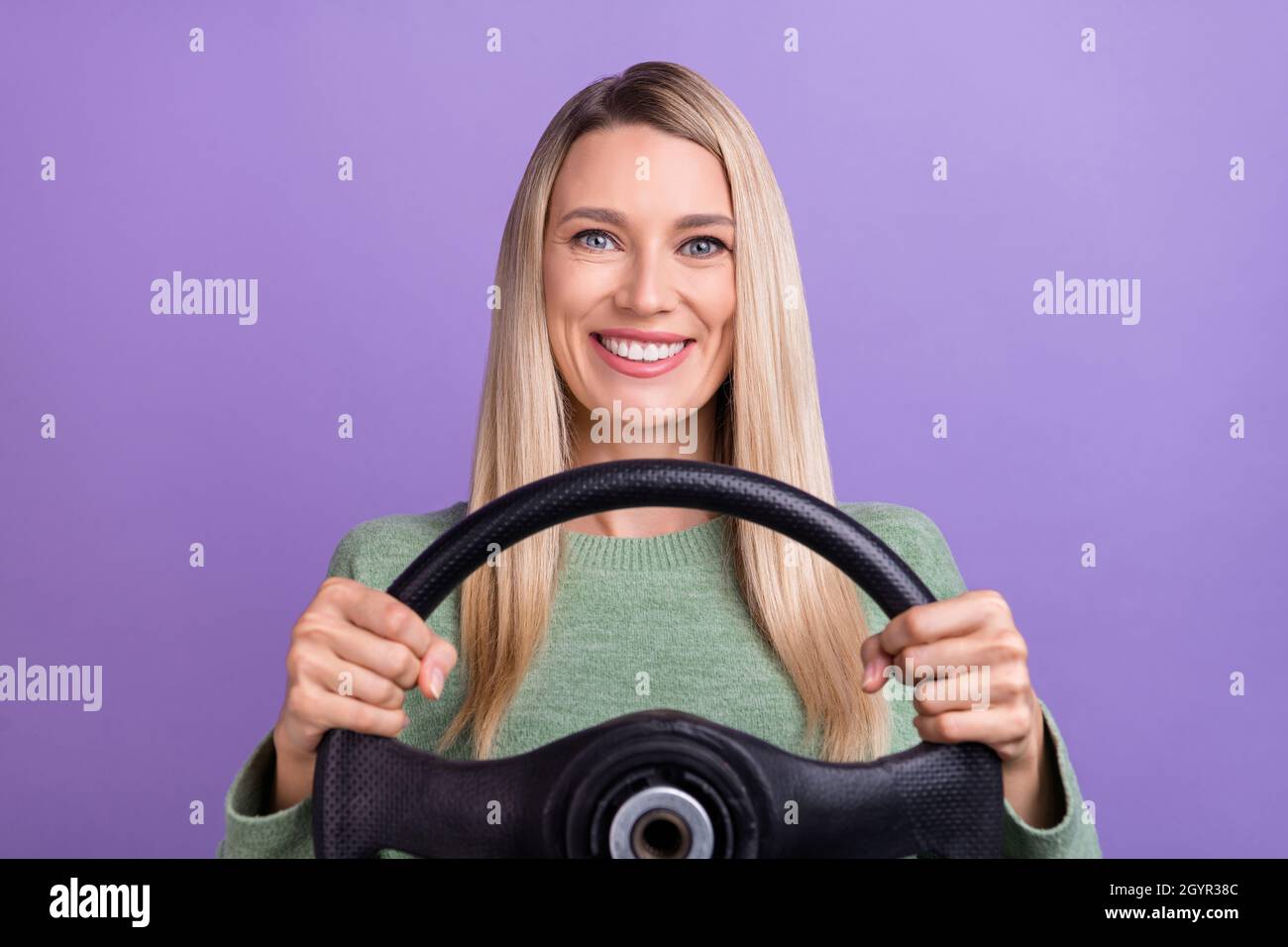 Photo of cheerful mature woman ride car driver steeringwheel vacation