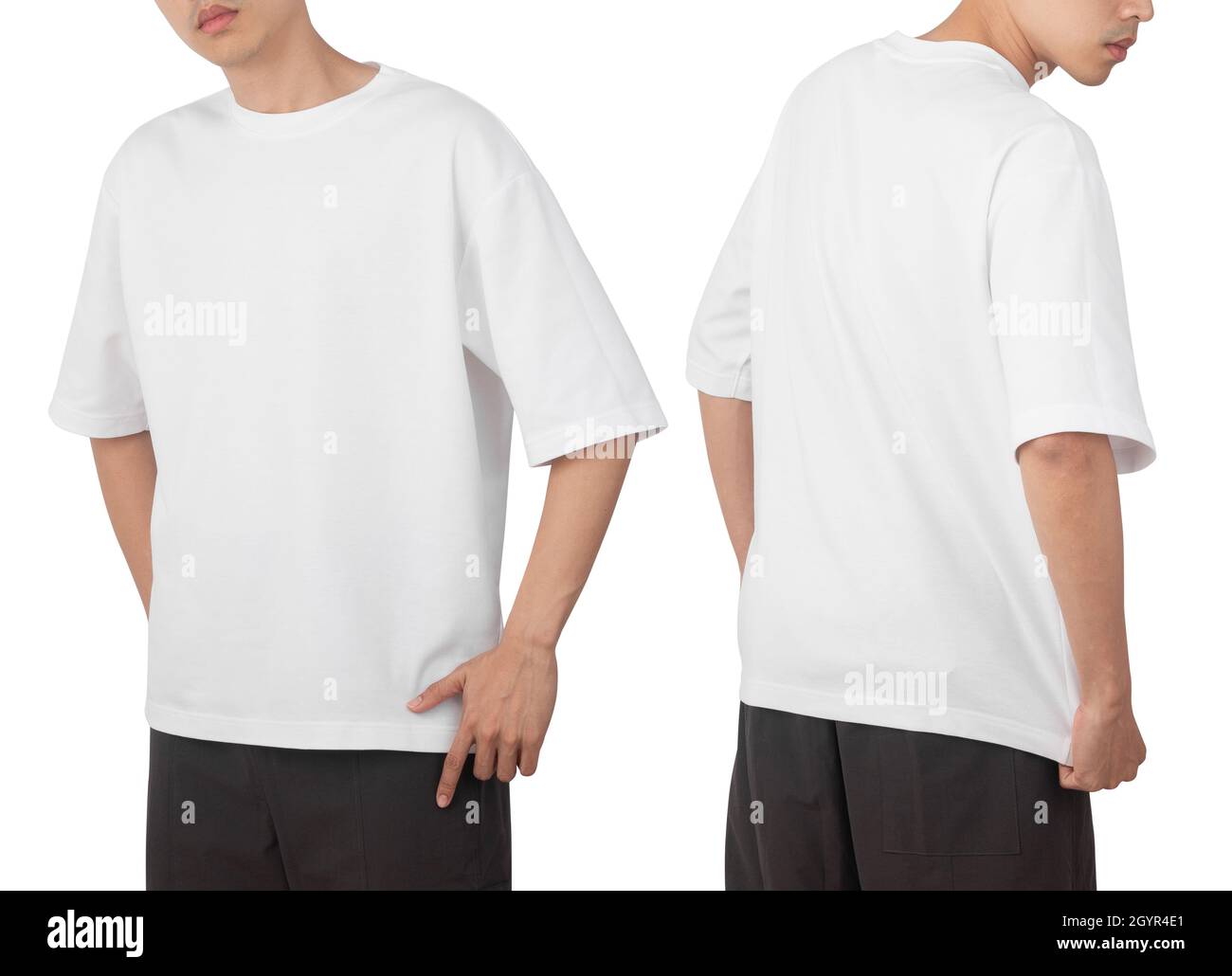 Young in blank oversize t-shirt mockup front and back used as design template, isolated on white background with clipping path Stock Photo -