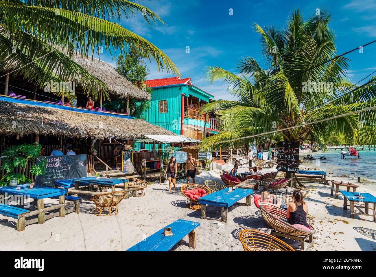 tropical koh rong island main tourist village view with restaurants and bars in cambodia Stock Photo