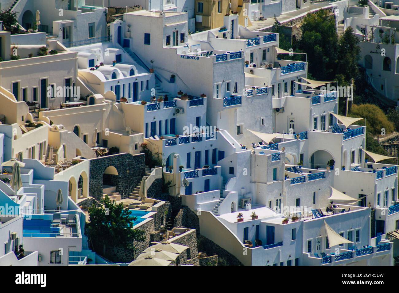 Santorini Island, Fira, Greece - October 08, 2021 Panoramic view of the ...