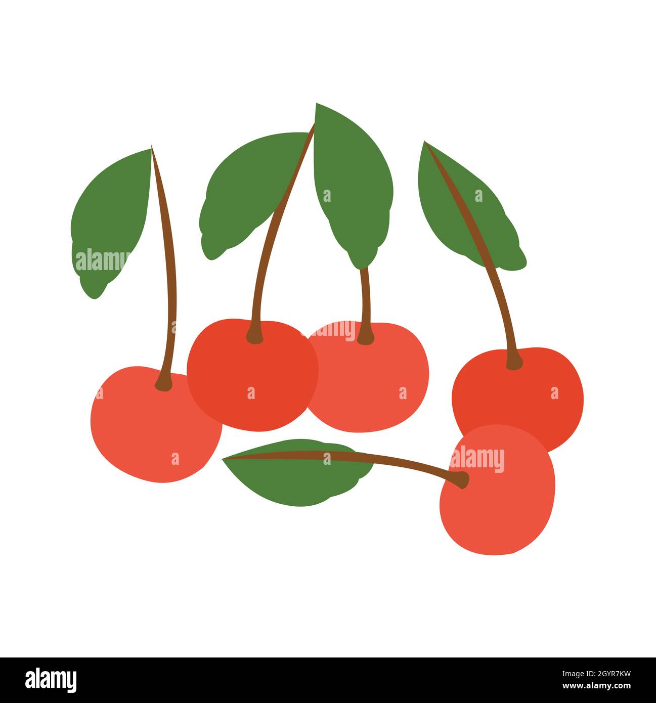 Vector image of five fresh fruit cherry icons, flat design. Stock Vector