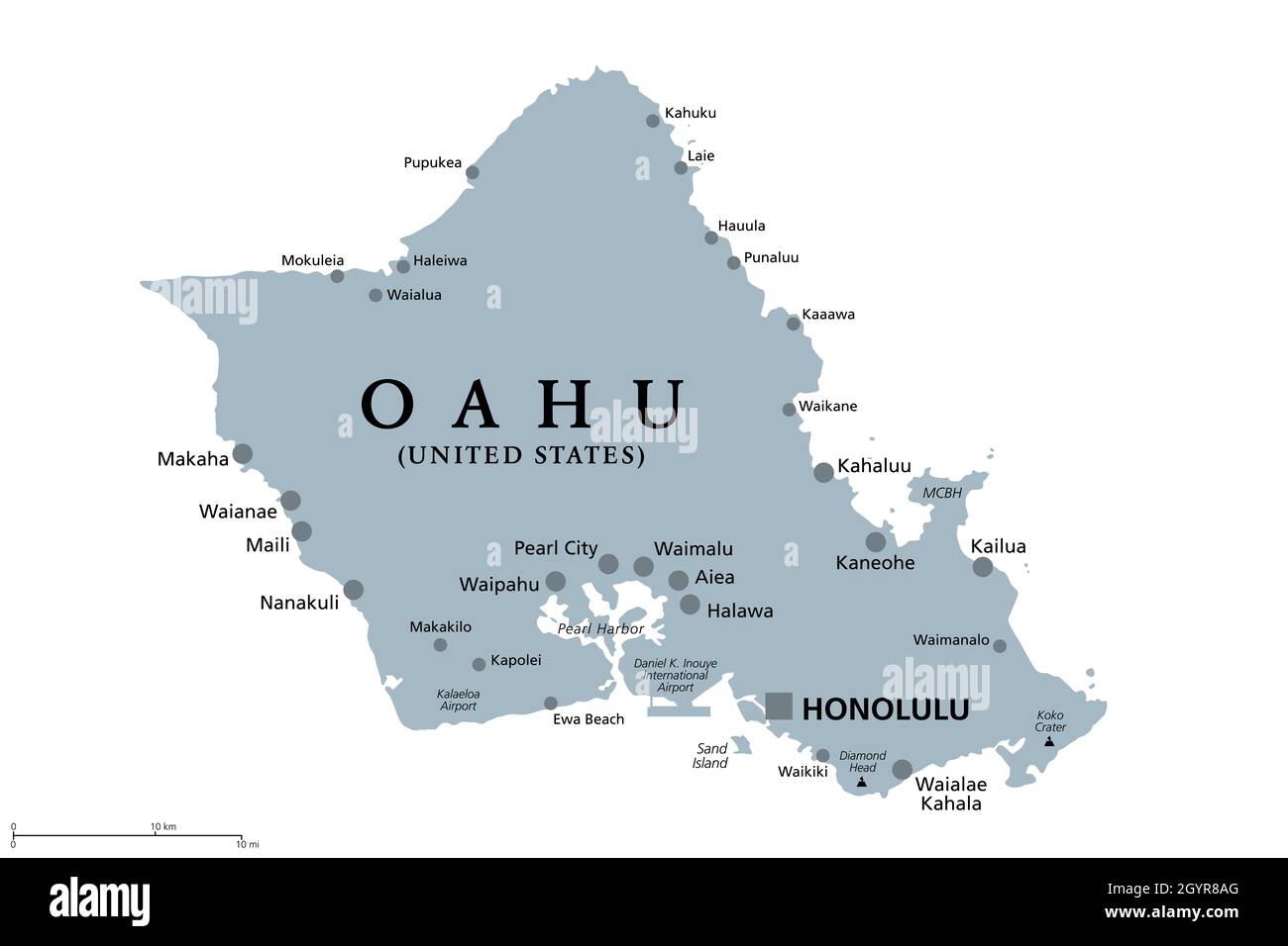 Oahu, Hawaii, gray political map with capital Honolulu. Part of Hawaiian Islands and Hawaii, a state of the United States in the Pacific Ocean. Stock Photo