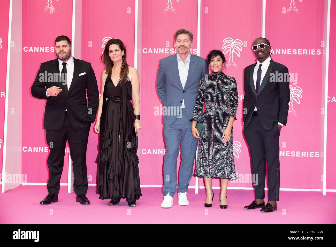 Cannes, France. 09th Oct, 2021. Italian actor and Canneseries jury member Salvatore Esposito, Israeli writer and Canneseries jury member Sigal Avin, Danish actor, screenwriter and producer and Canneseries jury president Nicolaj Coster-Waldau, French actress and Canneseries jury member Naidra Ayadi and French musician composer and actor and Canneseries jury member Marco Prince attend the opening ceremony of 4th edition of the Cannes International Series Festival (Canneseries) in Cannes, southern France, on October 8, 2021. Photo by David Niviere/ABACAPRESS.COM Credit: Abaca Press/Alamy Live New Stock Photo