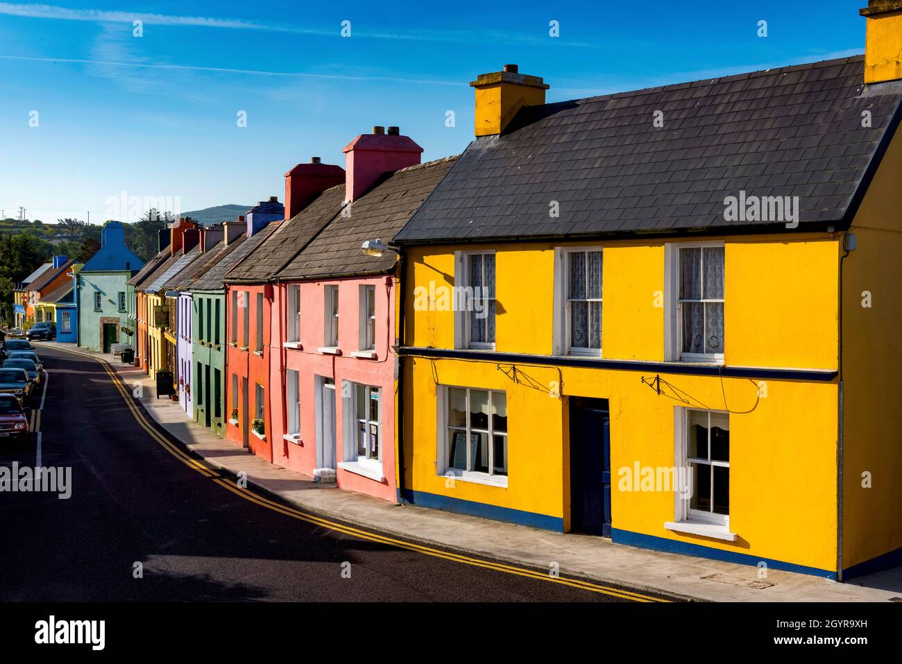 Coloured houses Eyeries village Beara Peninsula, County  Cork Ireland ,Wild Atlantic way Stock Photo