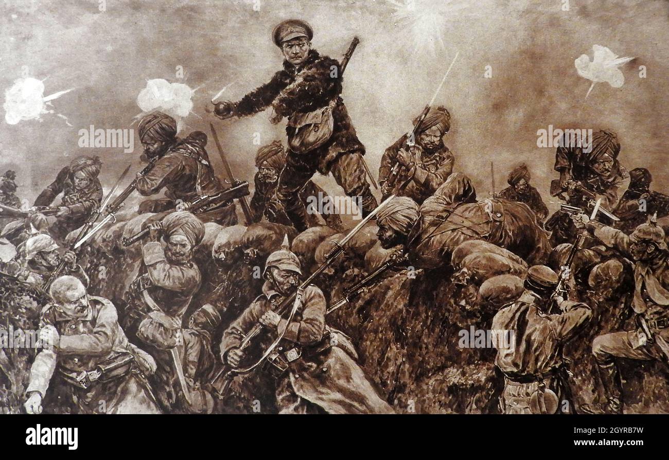 WWI - A 1916 artist's impression of Indian troops charging German trenches at Neuve Chapelle in March 1915. Stock Photo