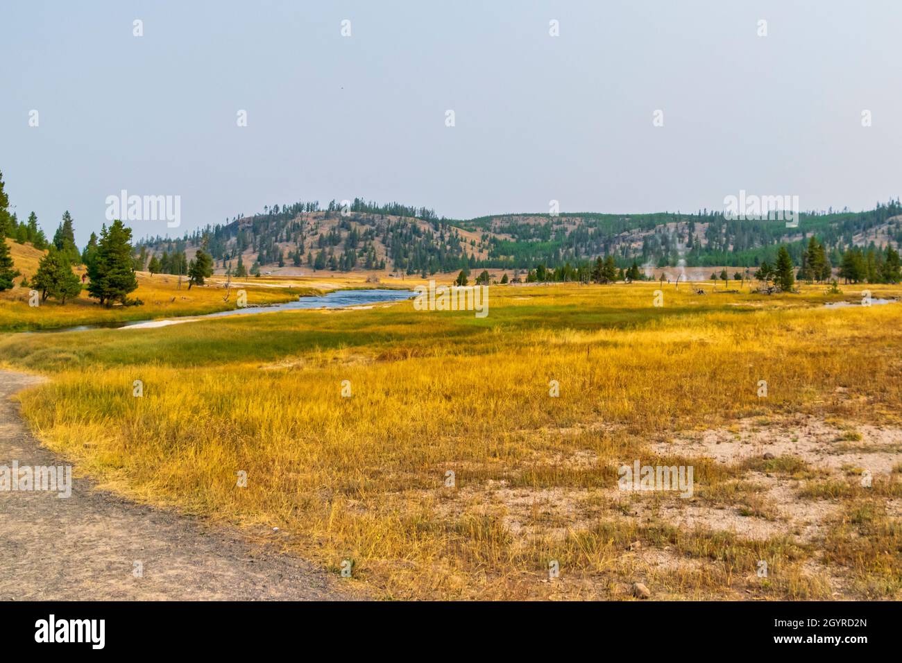 Fairy Falls hiking trail next to the Firehole River Stock Photo