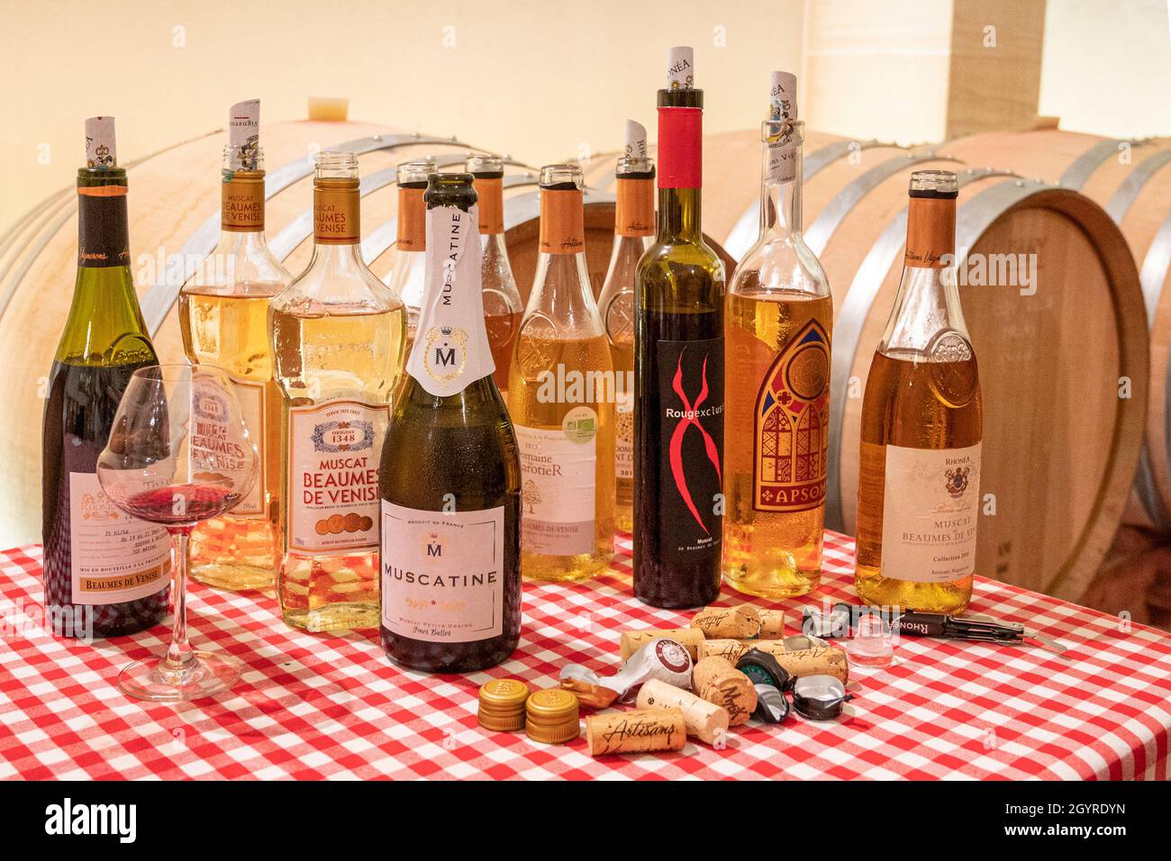 A selection of wines produced by the co-operative Rhonéa at Baumes-de-Vénise, France Stock Photo