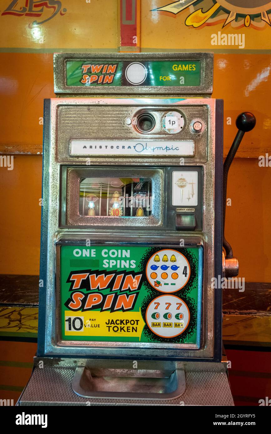 Vintage coinoperated arcade slot machine on display at Dingles