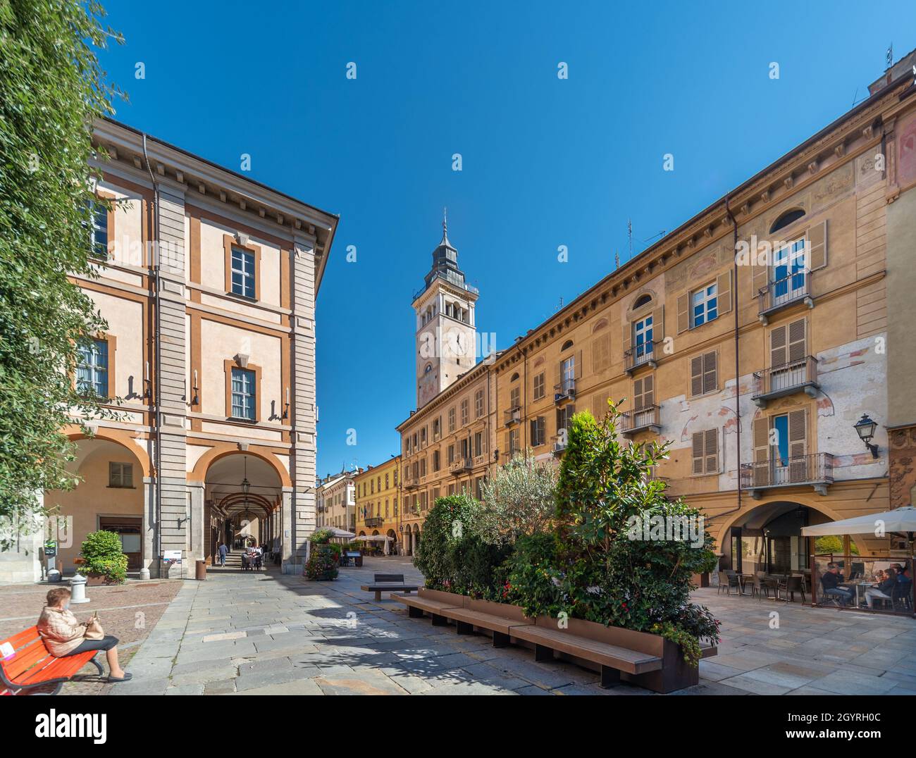 Cuneo, Piedmont, Italy - October 6, 2021: Largo (square) Giovanni Audifreddi near the town hall with a view of the civic tower Stock Photo