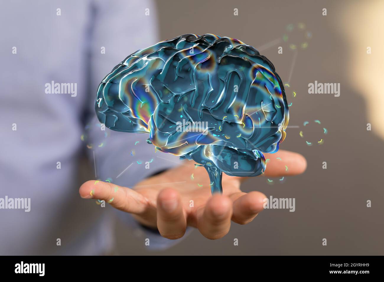 3d illustration of a human brain floating near a hand Stock Photo - Alamy