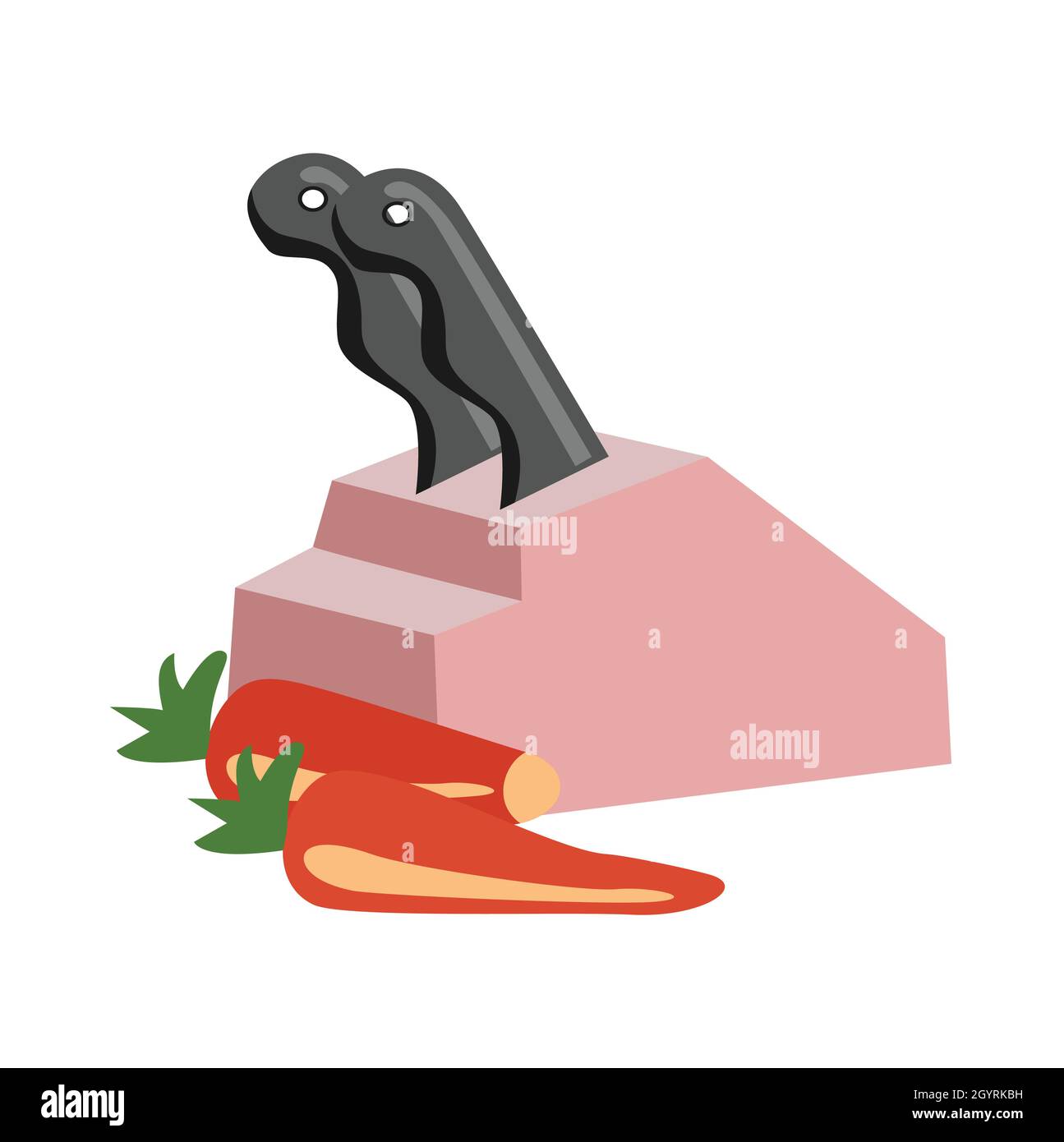 two knives pink container and two chilies, flat design illustration Stock Vector