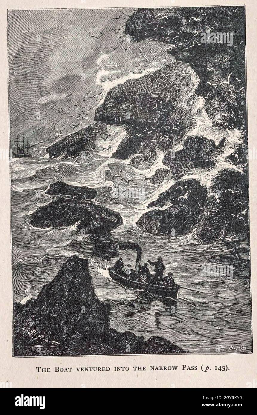 The Boat ventured into the Narrow Pass from the book ' Mistress Branican ' by Jules Verne, illustrated by Leon Benett. The story begins in the United States, where the heroine, Mistress Branican, suffers a mental breakdown after the death by drowning of her young son. On recovering, she learns that her husband, Captain Branican, has been reported lost at sea. Having acquired a fortune, she is able to launch an expedition to search for her husband, who she is convinced is still alive. She leads the expedition herself and trail leads her into the Australian hinterland. Mistress Branican (French: Stock Photo