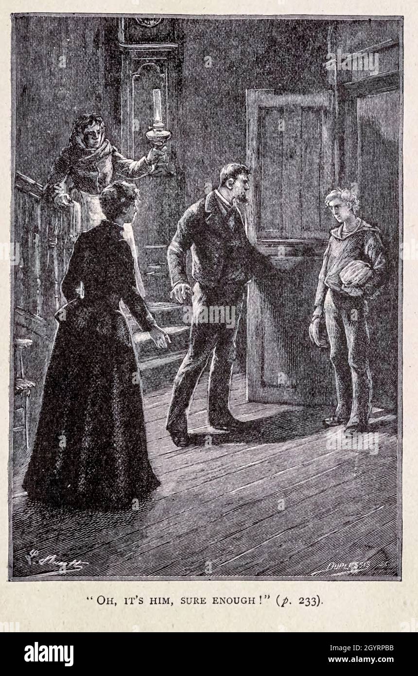 Oh ! it's Him, Sure enough from the book ' Mistress Branican ' by Jules Verne, illustrated by Leon Benett. The story begins in the United States, where the heroine, Mistress Branican, suffers a mental breakdown after the death by drowning of her young son. On recovering, she learns that her husband, Captain Branican, has been reported lost at sea. Having acquired a fortune, she is able to launch an expedition to search for her husband, who she is convinced is still alive. She leads the expedition herself and trail leads her into the Australian hinterland. Mistress Branican (French: Mistress Br Stock Photo