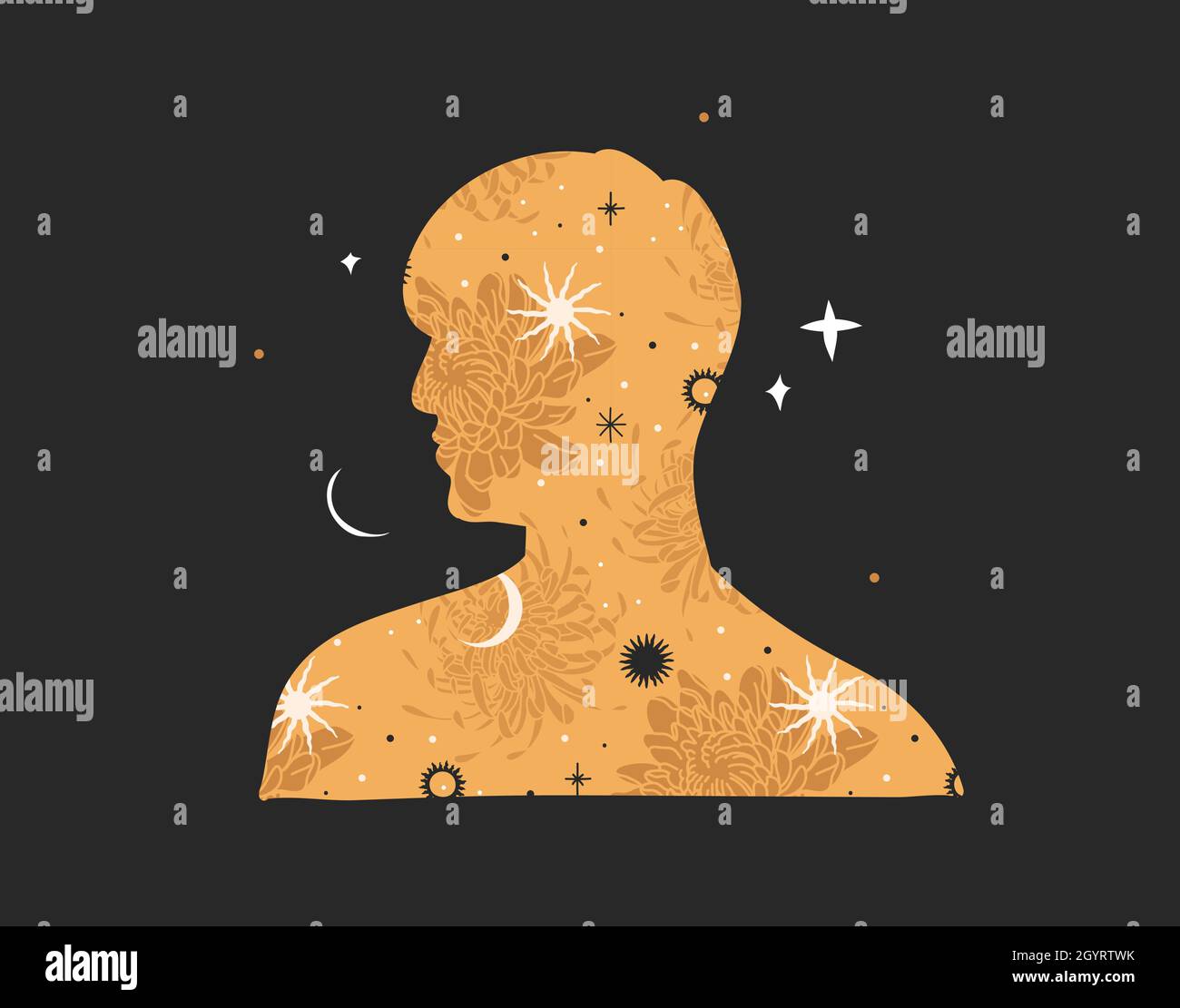 Hand drawn vector abstract stock flat graphic illustration with logo element,bohemian astrology magic art of galaxy space,crescent moon,stars,sun and Stock Vector