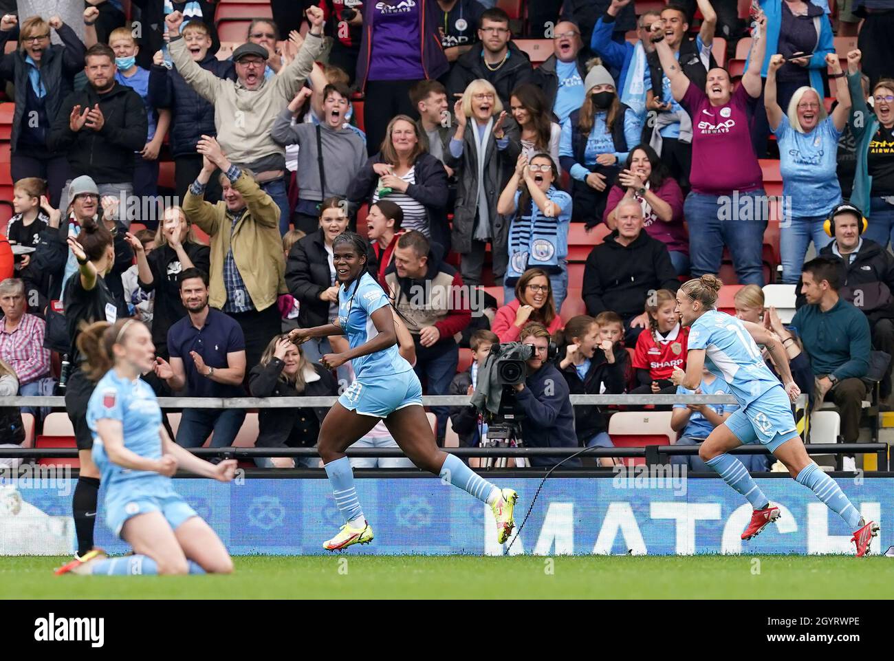 Manchester City's Khadija Shaw (centre) celebrates scoring their side's first goal of the game during the FA Women's Super League match at Leigh Sports Village, Manchester. Picture date: Saturday October 9, 2021. Stock Photo