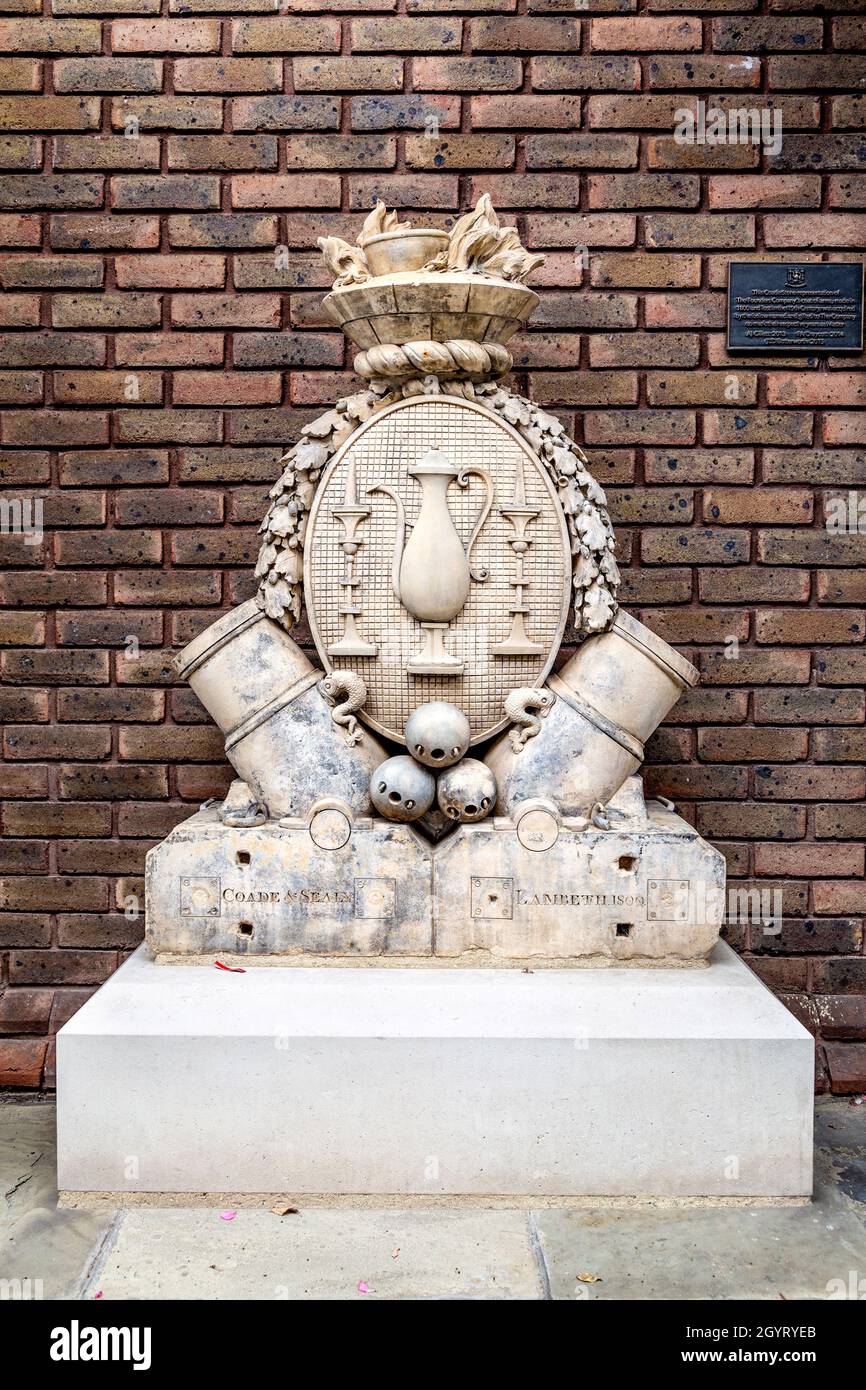 The Founders Comapny coat of arms in coade stone outside the Founders' Hall, Barbican, London, UK Stock Photo