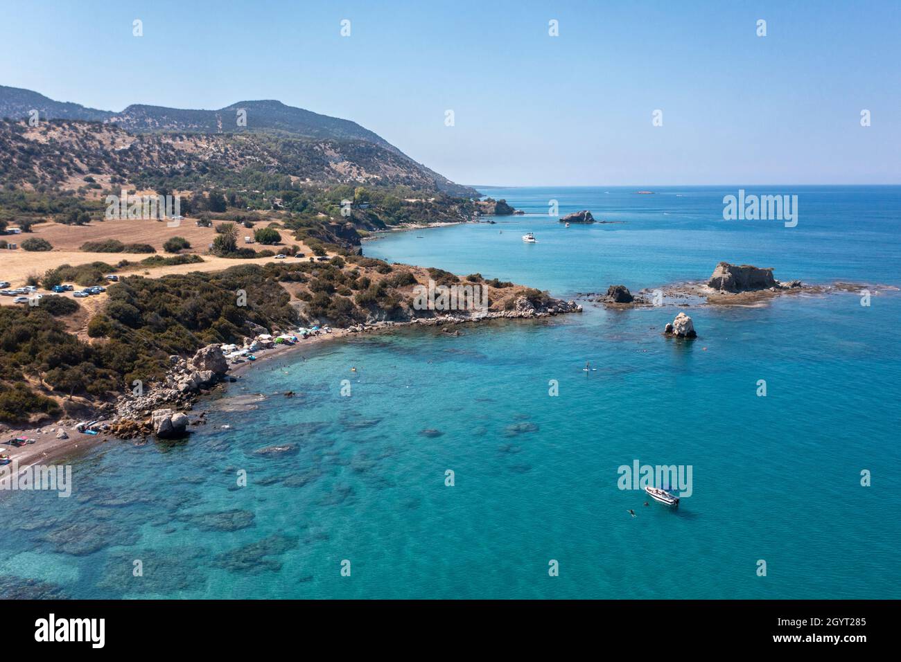 Aerial landscape view of 'Beach for Dogs', Akamas Peninsula, Republic of Cyprus Stock Photo