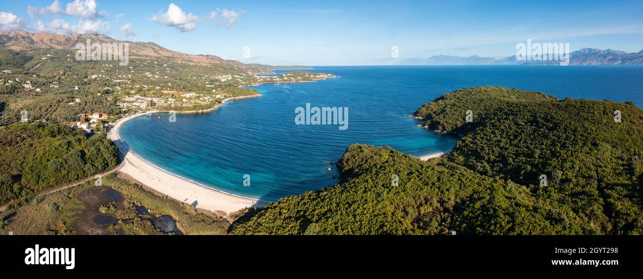 Aerial panoramic landscape view of Avlaki Beach on the north coast of Corfu, Ionian Islands, Greece Stock Photo