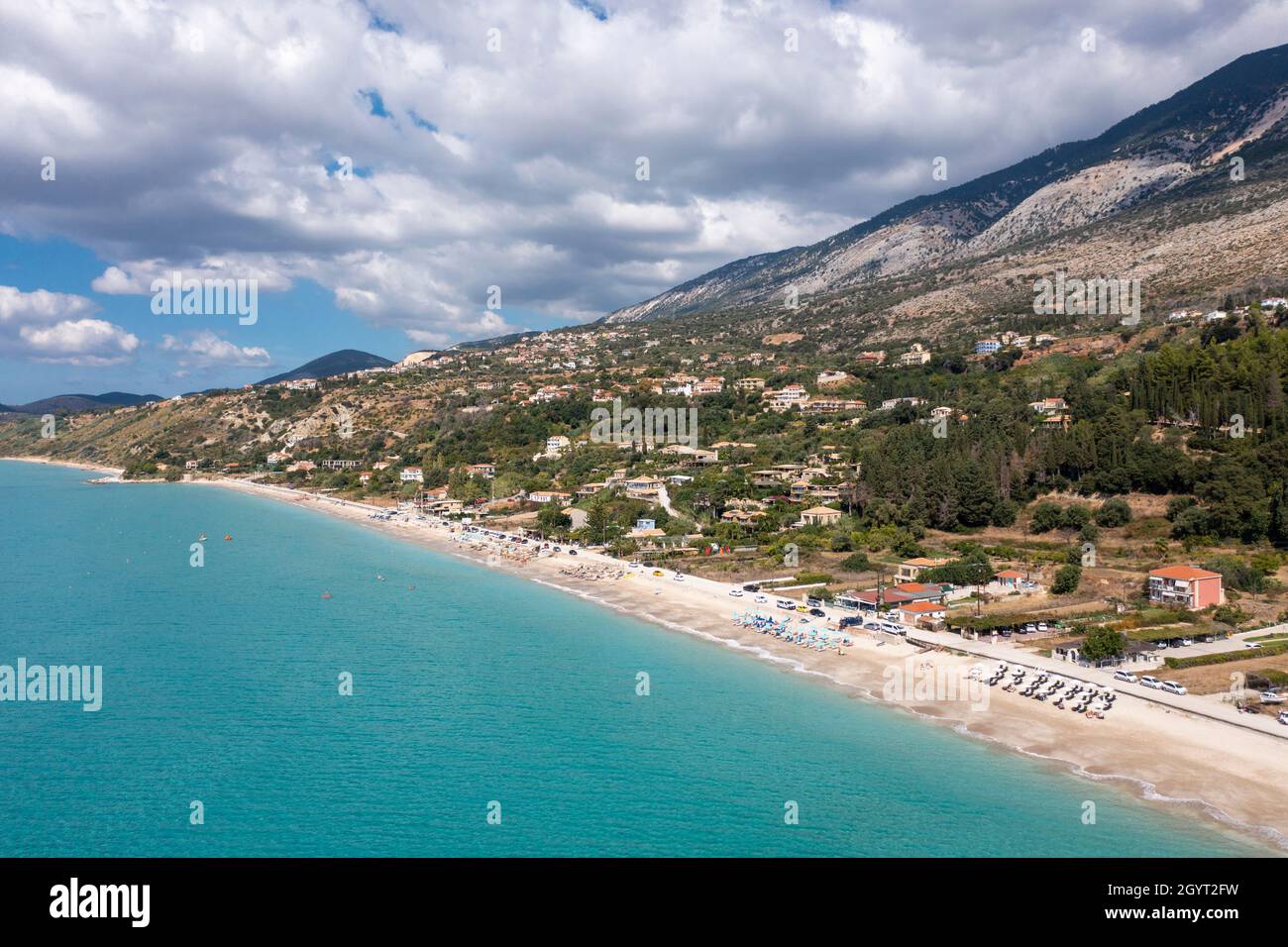 Aerial landscape view of Lourdas Beach on the south coast of Kefalonia, Ionian Islands, Greece Stock Photo