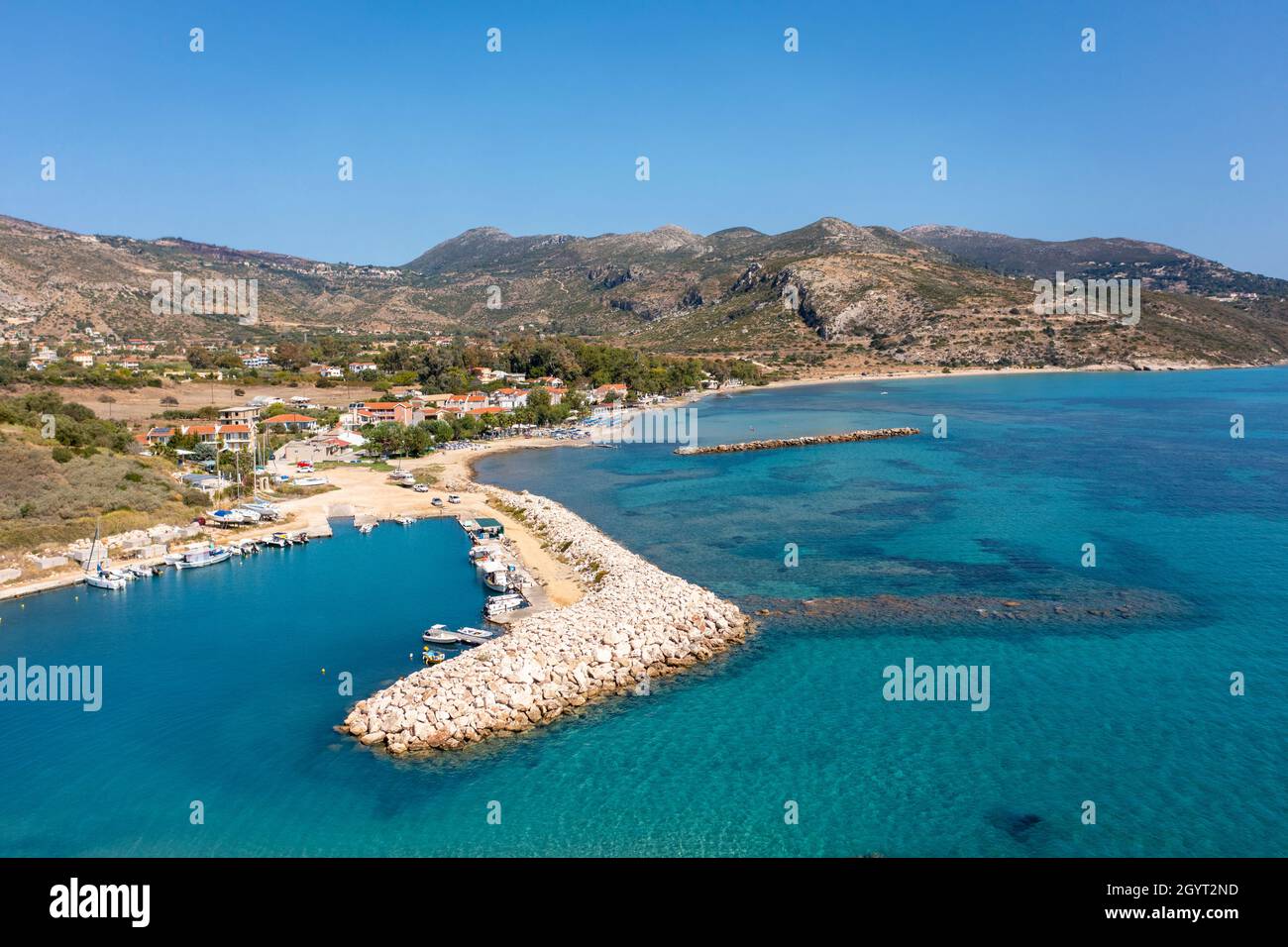 Aerial Coastal Landscape View Of Katelios Harbour On The South Coast Of aerial-coastal-landscape-view-of-katelios-harbour-on-the-south-coast-of