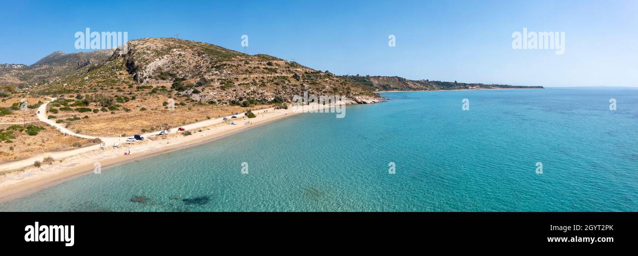 Aerial panoramic landscape view of a beach (Paralia Katelios) on the south coast of Kefalonia, Ionian Islands, Greece Stock Photo