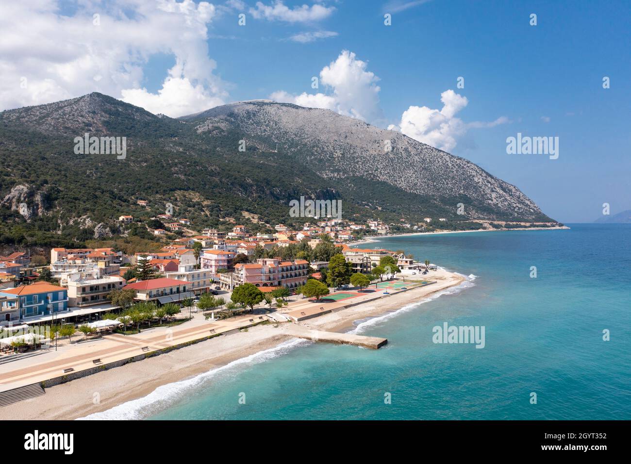 Aerial view of the small town of Poros on the southeast coast of Kefalonia, Ionian Islands, Greece Stock Photo