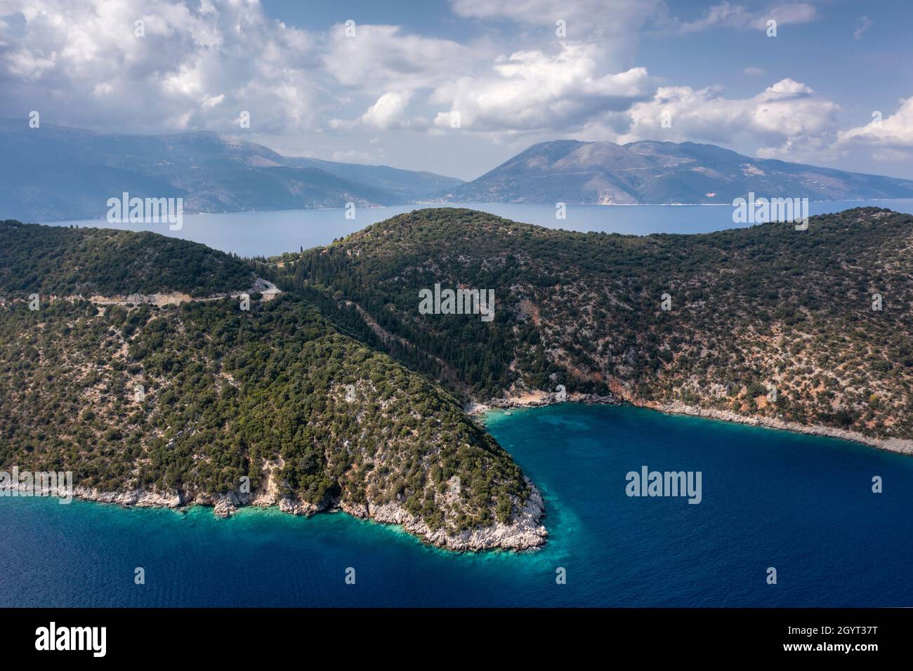 Aerial coastal landscape view near Antisamos Beach near the town of Sami on the east coast of Kefalonia, Ionian Islands, Greece Stock Photo