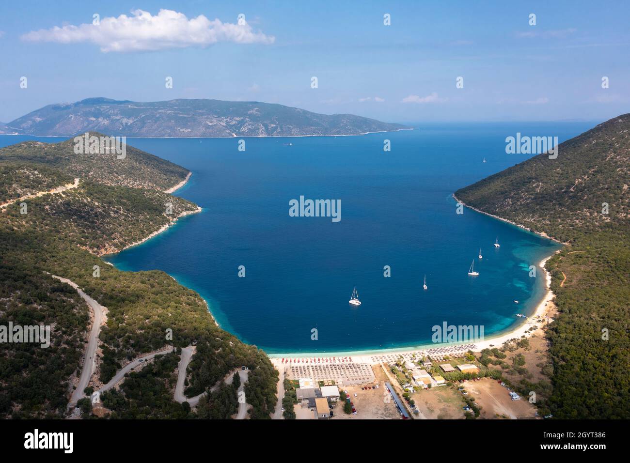 Aerial view of Antisamos Beach - a popular tourist destination near the town of Sami, Kefalonia, Ionian Islands, Greece Stock Photo