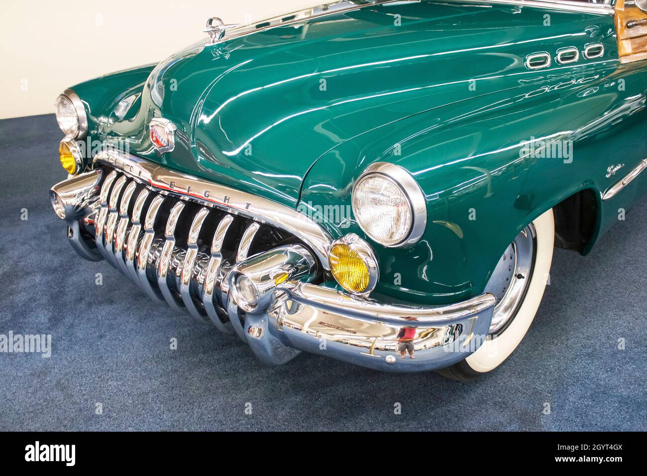 vintage Green Buick Eight in the Las Vegas car museum  auto collection in The Linq hotel-casino on the strip in Las Vegas, Nevada Stock Photo