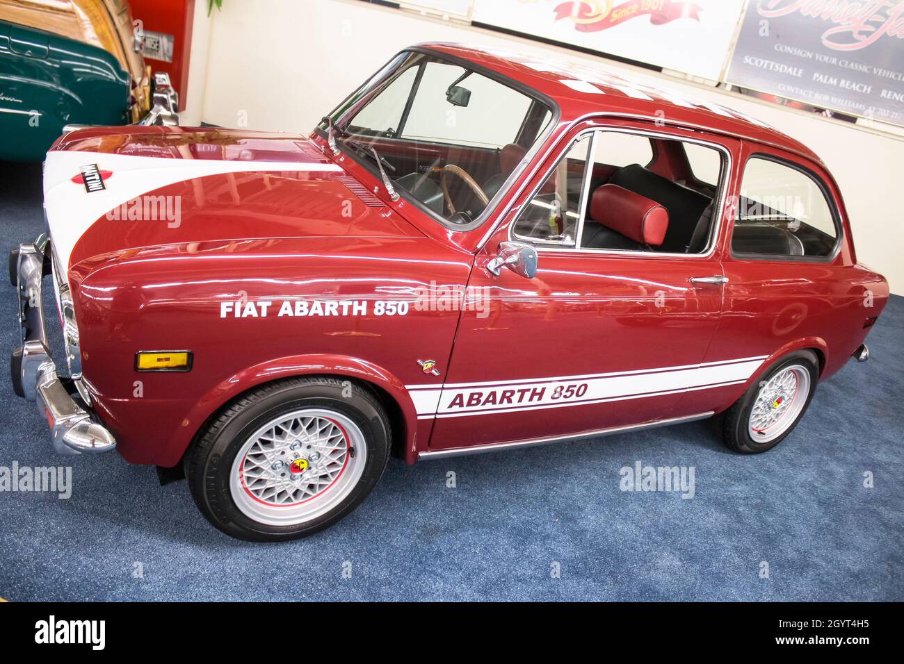 vintage Red Fiat Abarth 850 in the Las Vegas car museum  auto collection in The Linq hotel-casino on the strip in Las Vegas, Nevada Stock Photo
