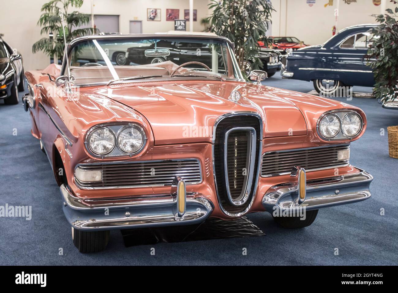 vintage pink Ford Edsel in the Las Vegas car museum  auto collection in The Linq hotel-casino on the strip in Las Vegas, Nevada Stock Photo