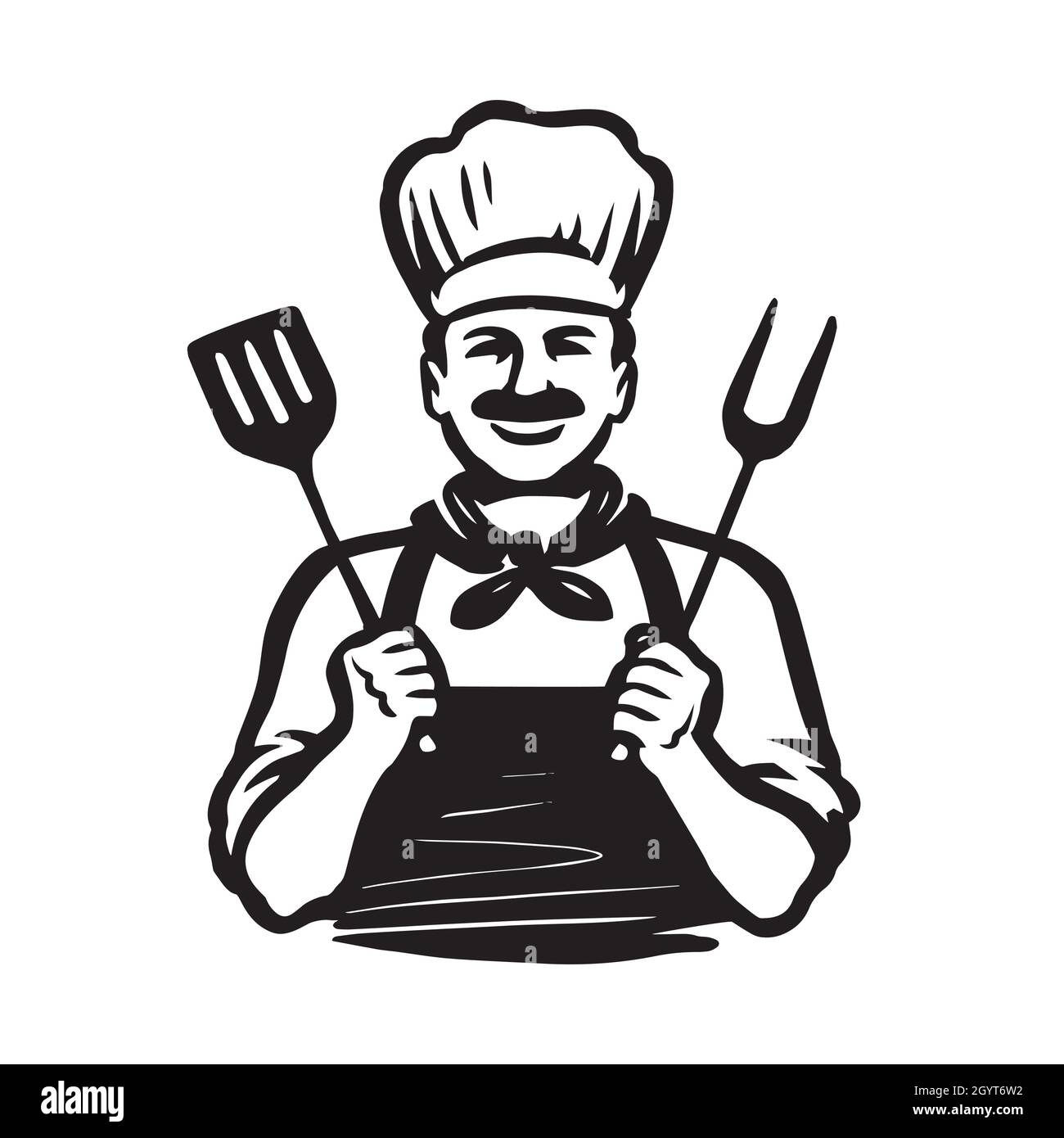 Chef with barbecue fork spatula. Design element for restaurant or cafe
