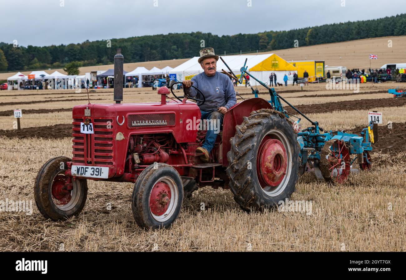 Mindrum Mill, Northumberland, UK, 9th October 2021. British Ploughing Championships: the 70th championships, cancelled due to Covid-19 last year, take place. A variety of tractor classes and horse and hand drawn ploughs compete for prizes over the two day event. Pictured: the oat seed furrow ploughing with a ,an driving a vintage 1959 International tractor Stock Photo