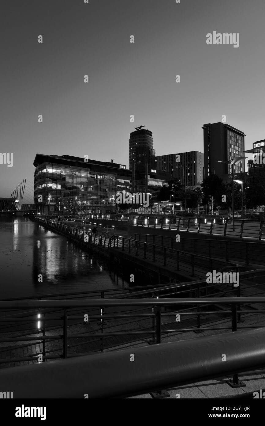 Nightime view over the Media City, Salford Quays, Manchester, Lancashire, England, UK Stock Photo