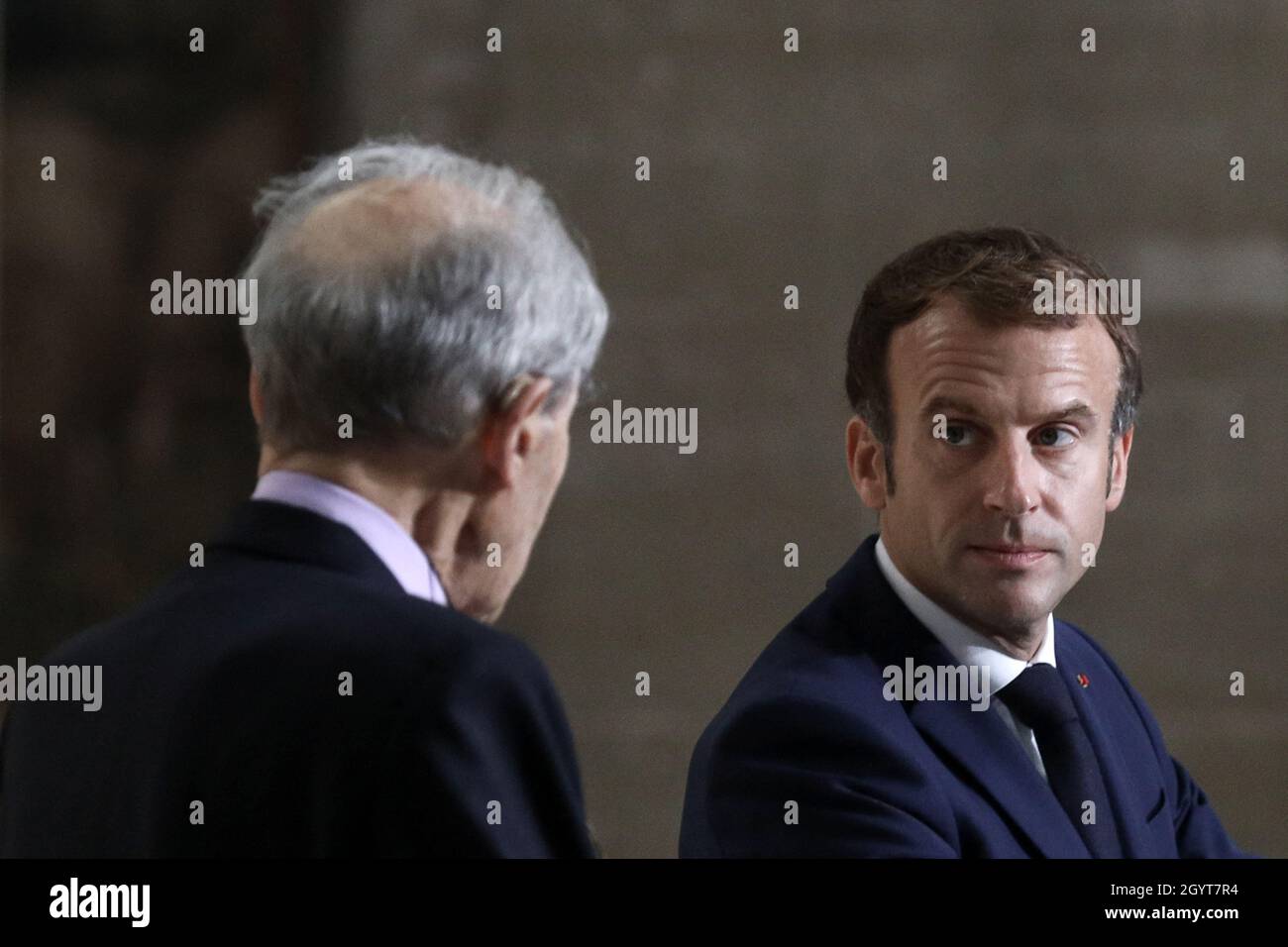 Paris France 09th Oct 21 Le President De La Republique Emmanuel Macron Et Robert Badinter Durant La Commemoration Du Quarantieme Anniversaire De L Abolition De La Peine De Mort Au Pantheon A Paris