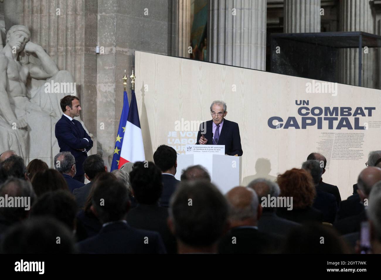 Paris France 09th Oct 21 Le President De La Republique Emmanuel Macron Et Robert Badinter Durant La Commemoration Du Quarantieme Anniversaire De L Abolition De La Peine De Mort Au Pantheon A Paris