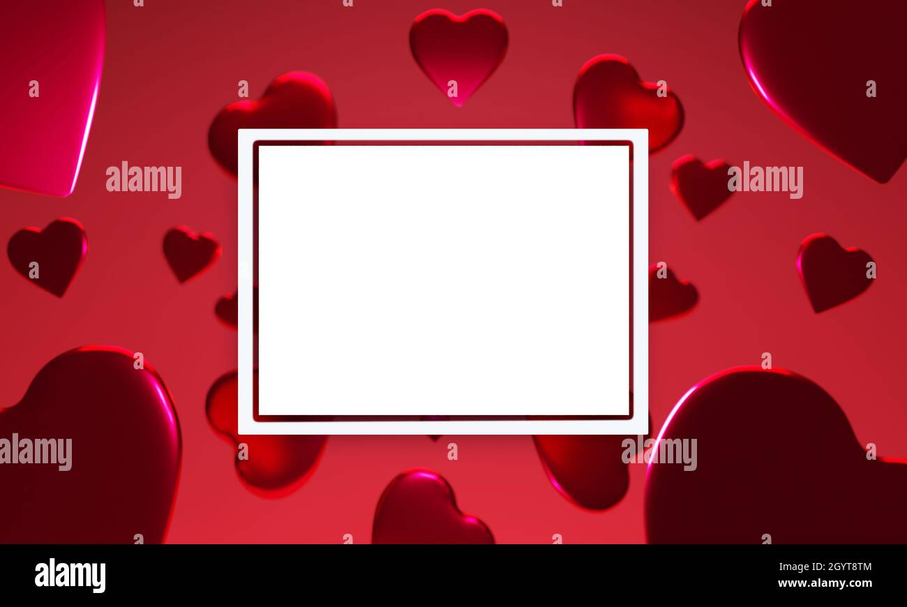 3D valentine's day red heart shape background with a white square frame ...
