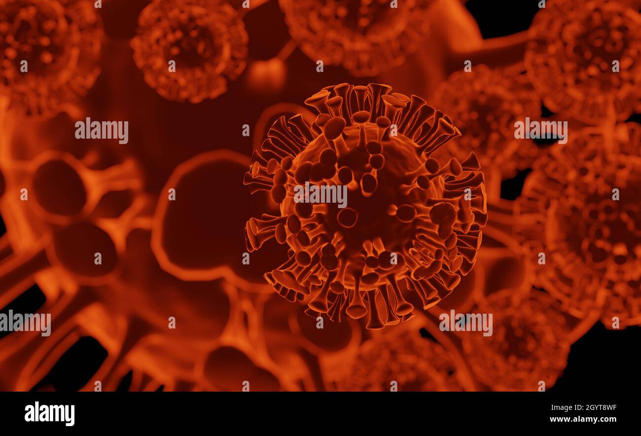 3D Coronavirus red background. Dangerous flu strain cases as a pandemic medical health influenza protection with vaccine Stock Photo