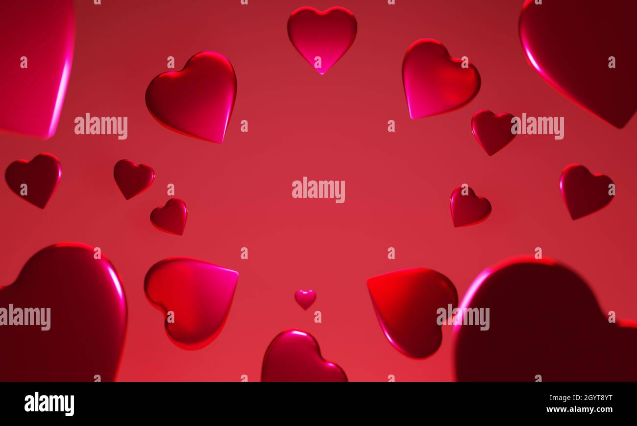 3D valentine's day red heart shape background flying on a red ...
