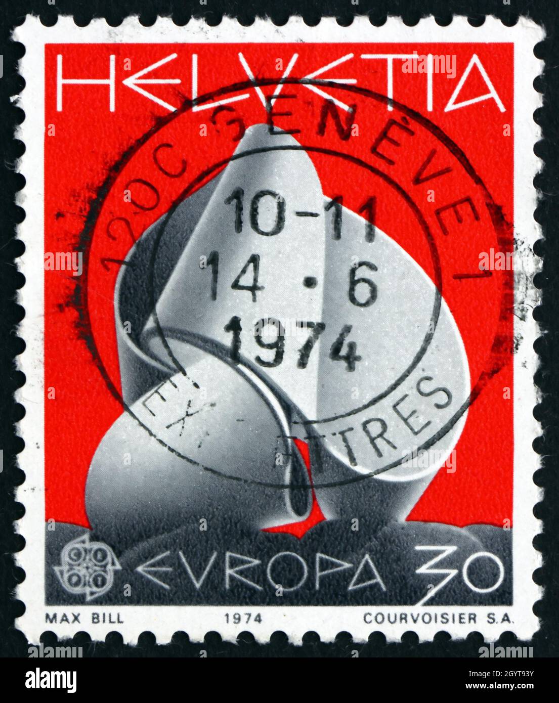 SWITZERLAND - CIRCA 1974: a stamp printed in the Switzerland shows Continuity, Sculpture by Max Bill, circa 1974 Stock Photo