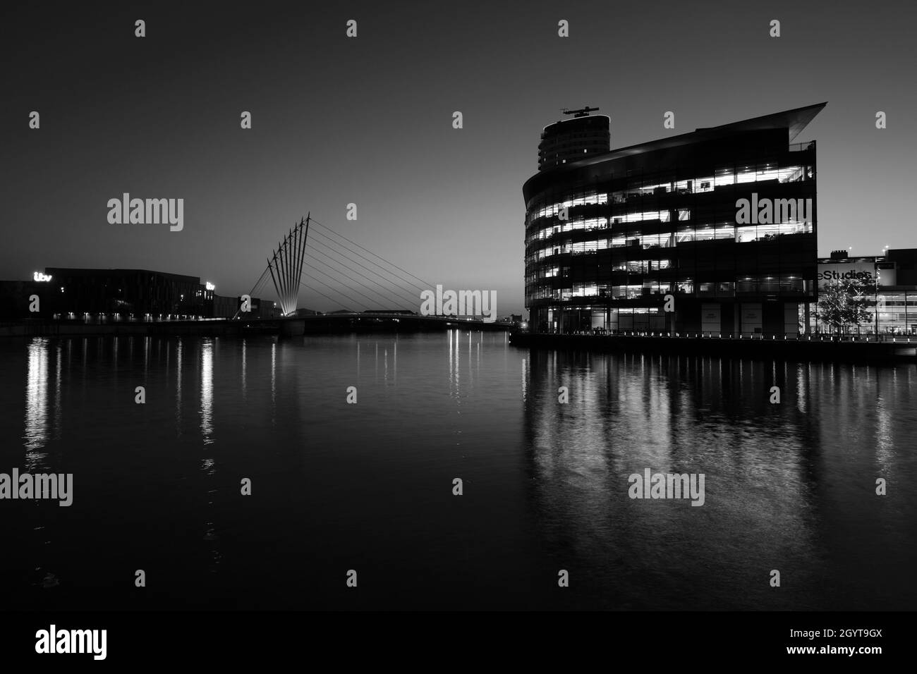 Nightime view over the Media City, Salford Quays, Manchester, Lancashire, England, UK Stock Photo
