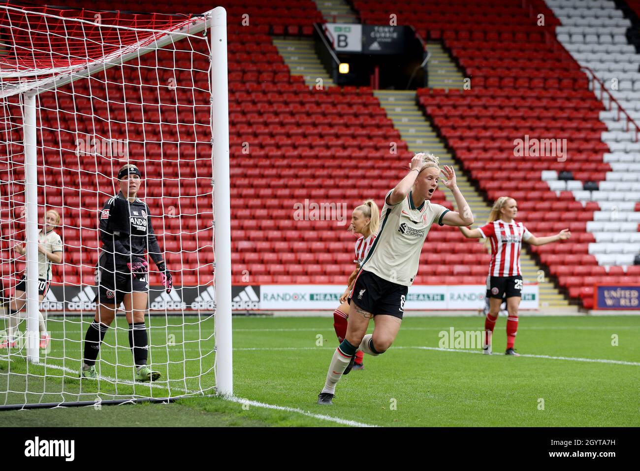 Sheffield, UK. 09th Oct, 2021. Jasmine Matthews (#6 Liverpool) reacts to missing a shot during the first half of the FA Women's Championship game between Sheffield United and Liverpool at Bramall Lane in Sheffield, England on October 9, 2021. Credit: SPP Sport Press Photo. /Alamy Live News Stock Photo