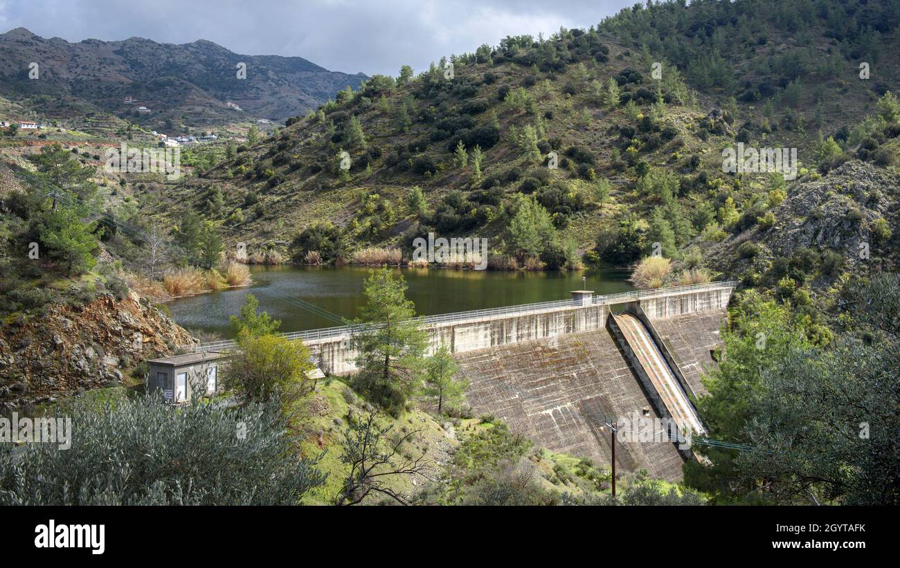 Water storage in Cyprus, Palaichori dam in Troodos mountains Stock Photo